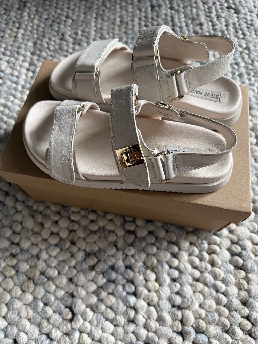 Steve Madden Women’s Mona Cream Leather Velcro Strap Sandals with Gold Accent